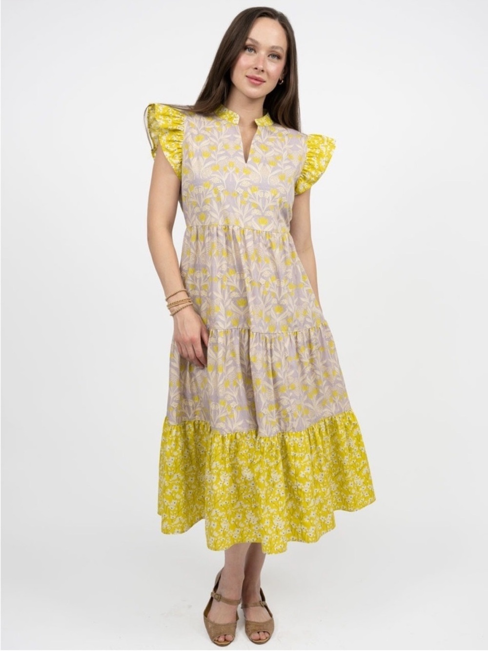 Uncle Frank Yellow and Lavender Floral Tiered Midi Dress size L